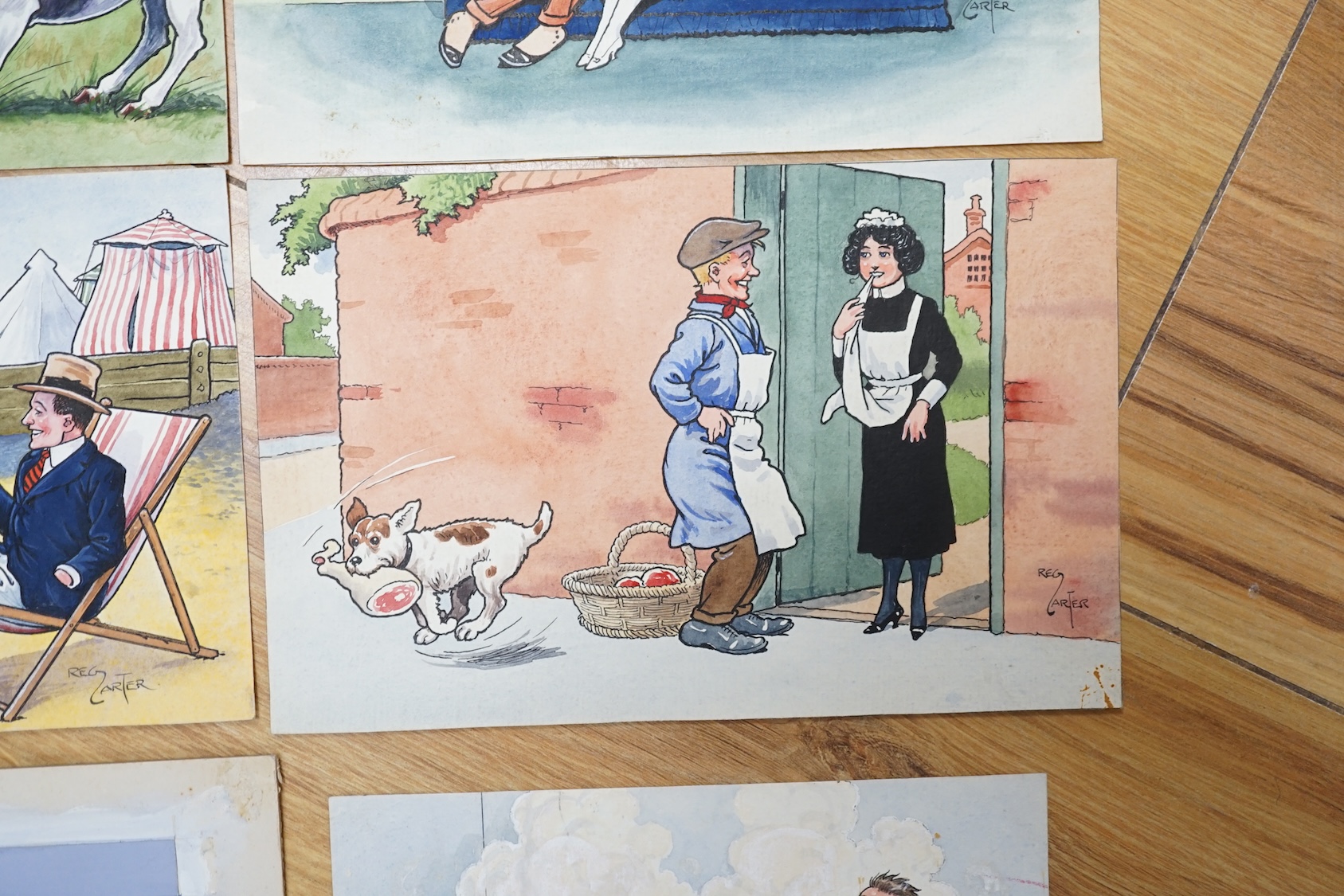 Reg Carter (1886-1949), set of six original watercolours for postcard designs, Humorous figures and scenes, each signed, largest 13 x 21cm, unframed. Condition - fair, some staining